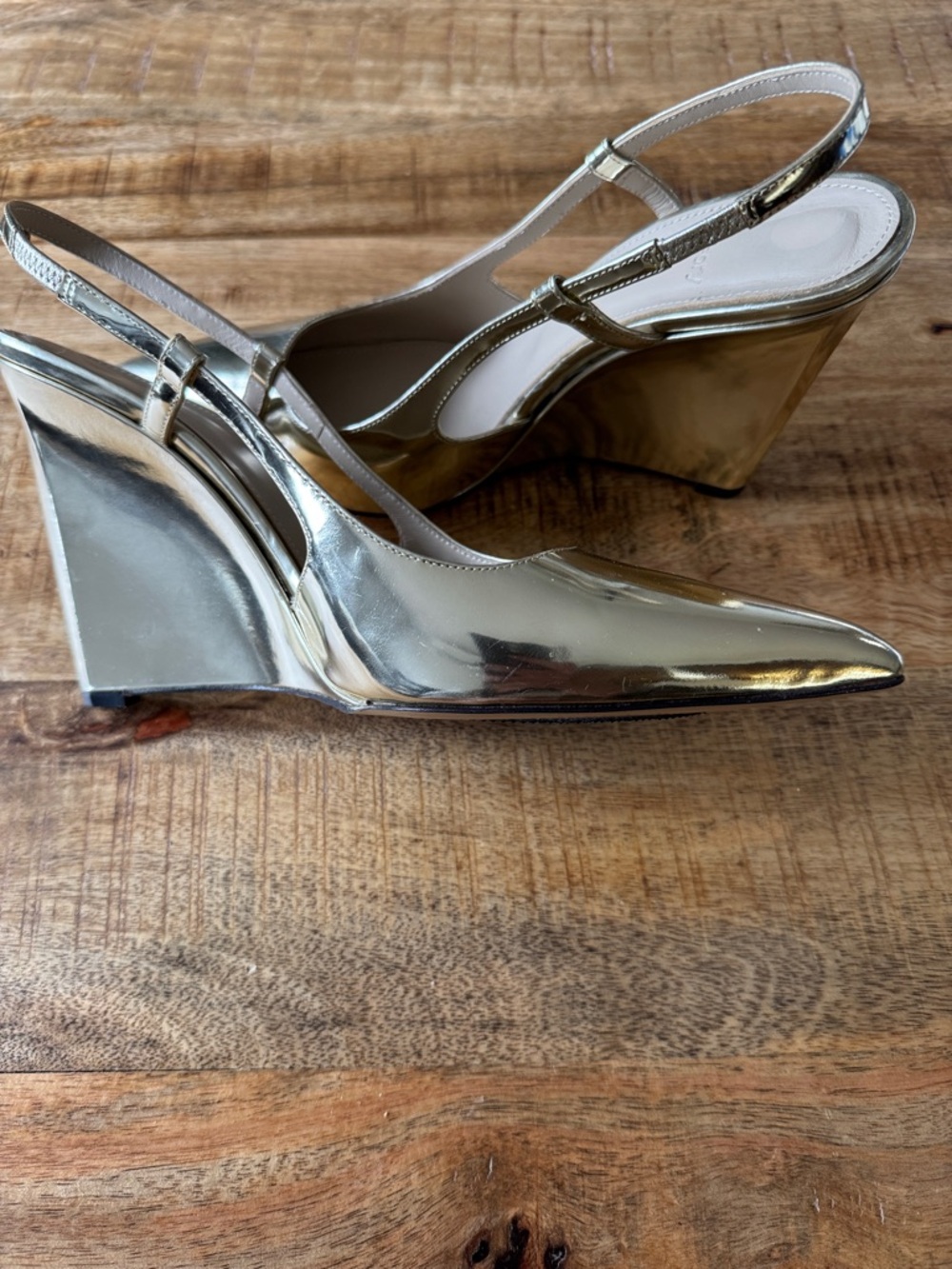 Theory Metallic champagne Pointed-Toe Slingback Wedge Heels NEW